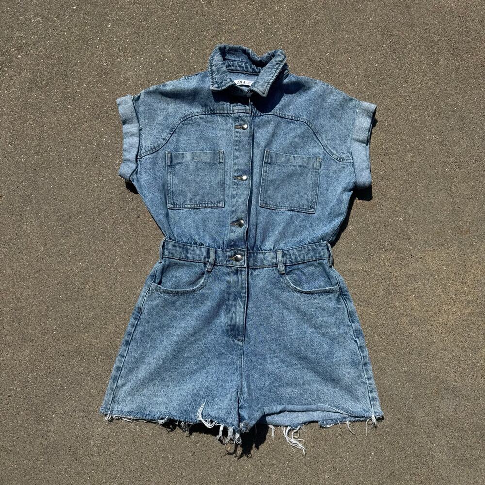 Zara Denim Sleeveless Romper Jumpsuit Collared Button Up USA MEDIUM